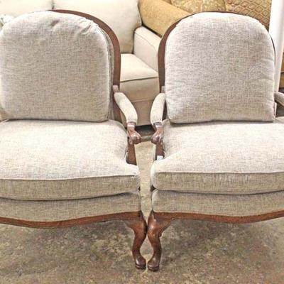  NICE PAIR of Country French Style Mahogany Frame Upholstered Arm Lounge Chairs 