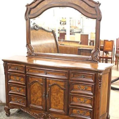  Burl Mahogany Inlaid and Banded Carved 5 Piece Contemporary Queen Sleigh Bed Bedroom Set 