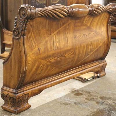  Contemporary Oak Carved Sleigh Style Queen Size Bed with Rails 