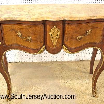  French Style Marble Top Banded and Inlaid Server with Velvet Material Lined Drawers and Applied Bronze 