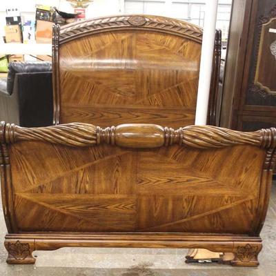  Contemporary Oak Carved Sleigh Style Queen Size Bed with Rails 