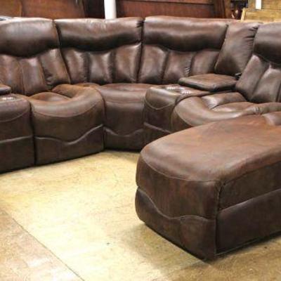  Like New 5 Piece Brown Suede Leather Sectional Sofa with Electric Power Recliners, Massage Heat, Power Chaise, and Reading Lights 