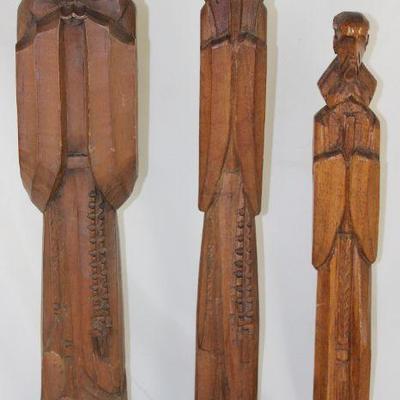 Vintage Hand-carved Wooden Monk Statues:   18â€, 17.5â€ & 14.5â€ 