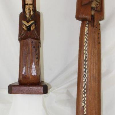 Vintage Hand Carved Monks:  Seated Monk with Bible (10â€) and Standing Pole Monk with Cross (23â€H)