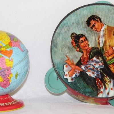 Vintage 1960â€™s Tin Made in USA World Bank Globe (5â€) and Tin Toy Tambourine 56â€D)