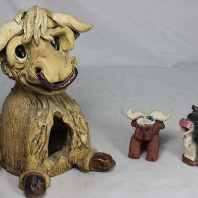 Free Form Pottery Signed Caricature  Bull Ashtray  Terra-cotta Bull Pot Sitter.  Vintage Japan Bull Creamer