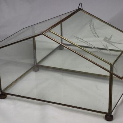 Etched Glass and Brass â€œHouseâ€ Wall Curio Cabinet