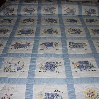 Handmade, Hand Quilted, Hand Embroidery King Size State Quilt