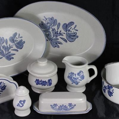 Pfaltzgraff  â€œYorktowneâ€ USA 1967:  12â€ Platter, 14â€ Platter, Napkin Holder, Sugar & Creamer, Enamel Pans, Salt Shaker and...