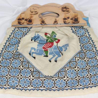 Vintage Pyrographic Wood Handle Hand Embroidery Cross Stitch Tote Bag