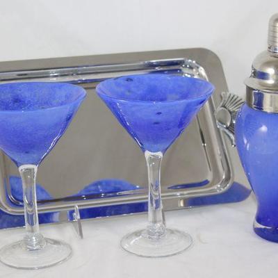 Amici Art Glass Martini Shaker and 2 Stemmed Martini Glasses Shown with a Sheridan Non-Tarnish Chrome Tray