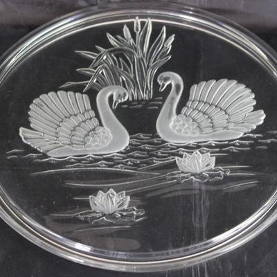 Mikasa Cake Plate, Vintage Walter West Germany Frosted Swan Handles, Swans and Water Lilies Crystal 12 1/2â€