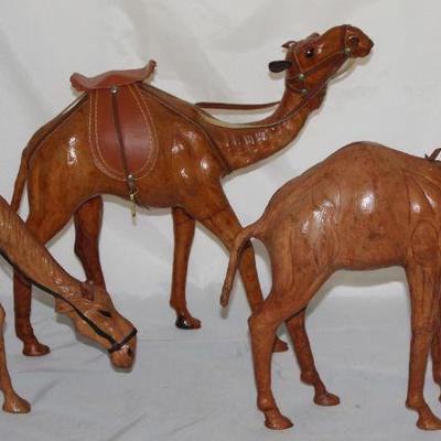 Vintage 1980â€™s Large Leather Wrapped Camels: 14â€H x15â€L with Reins & Saddle, 12â€H x 14â€L w/Reins & 11â€H x 12â€L with...