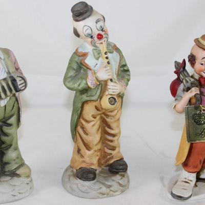 Bisque Porcelain Clown Figurines:  Clown with Accordion, Clown with Horn and Lefton Hobo Clown