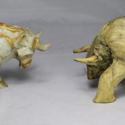 Large Onyx Hand Carved Bull and Vintage Papier-mÃ¢chÃ© Bull 