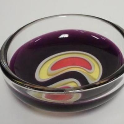 1019	SIGNED BACCARAT SMALL BOWL W/ PURPLE, RED, GOLD & WHITE MODERN DECORATION, 5 IN D
