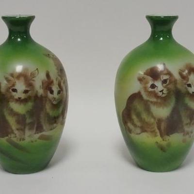 1026	PAIR OF MOLD BLOWN MILK GLASS VASES DECORATED W/ KITTENS, 10 1/2 IN H 
