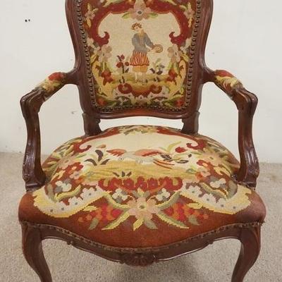 1043	CARVED ARM CHAIR W/ NEEDLEPOINT SEAT BACK & ARM PADS 
