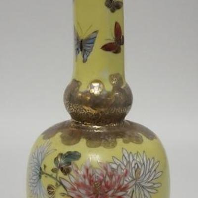 1077	HAND PAINTED ASIAN VASE W/ MUMS & BUTTERFLIES, CHARACTER SIGNED, 11 3/4 IN H 
