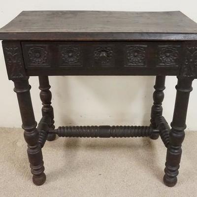 1042	CARVED ONE DRAWER TABLE W/ TURNED STRETCHER & LEGS 
