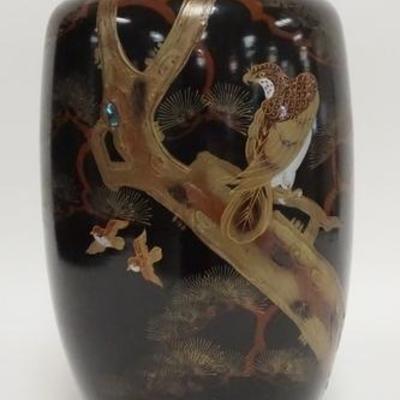 1074	LARGE ASIAN POTTERY VASE HAND PAINTED W/ BIRDS & A TREE, HAS ABALONE INLAY, 15 1/2 IN H 
