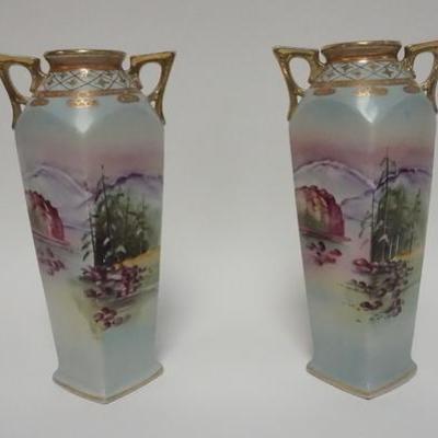 1016	PAIR OF IMPERIAL NIPPON SCENIC VASES, 12 IN H 
