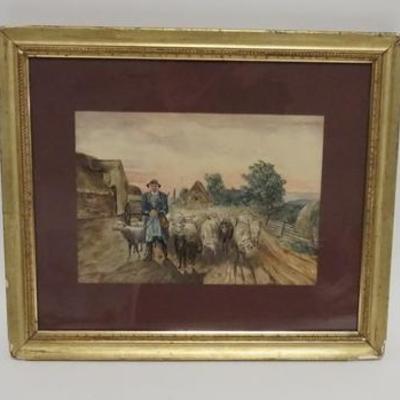 1022	WATERCOLOR IN A GILT FRAME OF A SHEPARD W/ HIS FLOCK & HERDING DOG, IMAGE IS 8 1/2 IN X 6 IN 
