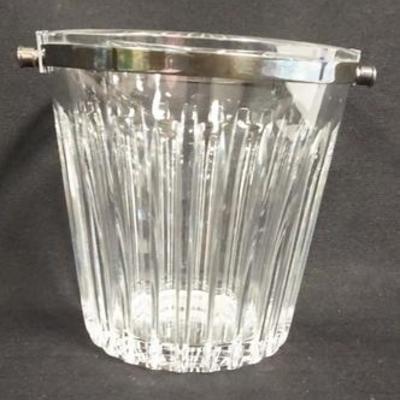1011	SIGNED BACCARAT CRYSTAL ICE BUCKET W/ SILVER PLATED RIM & HANDLE, 6 1/8 IN H 
