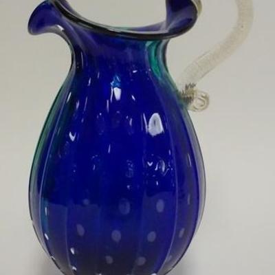 1012	BLOWN COBALT BLUE & AQUA MURANO PITCHER W/ RIBBED PATTERN & CONTROLLED BUBBLES, HAS APPLIED CRYSTAL FOOT & HANDLE W/ GOLD FLECKS, 9...