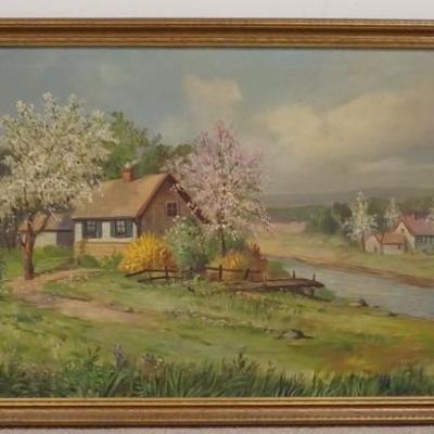 1095	OIL ON CANVAS SPRING LANDSCAPE W/ COTTAGES SIGNED O. ARNOLD 1944, OVERALL DIMENSIONS, 49 IN X 28 1/2 IN 

