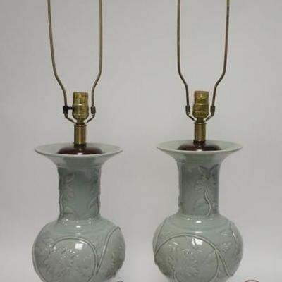 1014	PAIR OF FREDERICK COOPER CELADON LAMPS W/ WOODEN TOPS & BASSES & BRASS TRIM AT THE BASE, 35 IN H 
