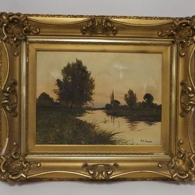 1097	OIL ON CANVAS LANDSCAPE SIGNED F.S FRASER, HAS REPAIRS & PAINT LOSS, SOME FRAME DAMAGE, IMAGE IS 16 IN X 12 IN 
 
