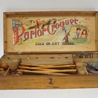 1069	R BLISS PARLOR CROQUET GAME IN ORIGINAL WOODEN BOX, W/ EXCELLENT LITHO 
