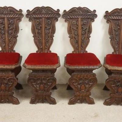 1041	SET OF SIX DEEPLY CARVED OAK CHAIRS, HAS FLORAL LEAF & SCROLL CARVINGS 
