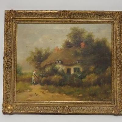 1017	OIL ON CANVAS BY HENRY T. HARVEY TITLED *NOON DAY* DEPICTS A WOMAN FEEDING CHICKENS OUTSIDE A COUNTRY COTTAGE, IMAGE IS 22 3/4  IN X...
