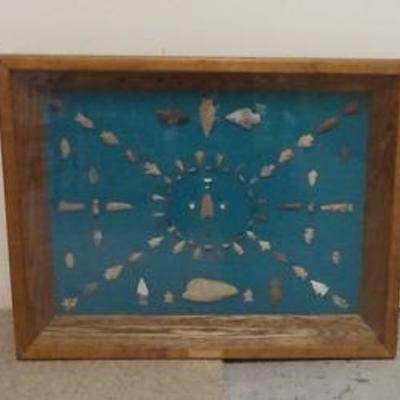 1018	COLLECTION OF ARROW HEAD & OTHER RELICS MOUNTED IN A SHADOWBOX FRAME, OVERALL DIMENSION, 28 3/4 IN X 22 3/4 IN 
