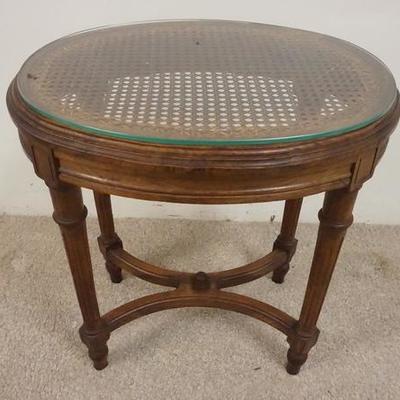 1044	SMALL OVAL CANE TOP TABLE W/ GLASS CUPBOARD CARVED STRETCHER & FLUTED LEGS 
