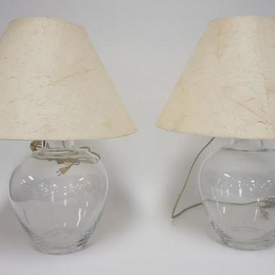 1009	PAIR OF SIMON PEARCE BLOWN CRYSTAL LAMPS W/ FOUR PRONG PONTIL MARK, TEXTURED SHADES HAVE A LEAF PATTERN, 23 1/2 IN H APP. 9 1/2 IN D
