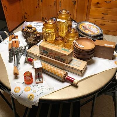 Amber Canister Set, Vintage Kitchenware, Round Card Table w/4 Chairs