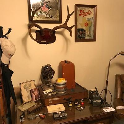 Vintage Wood Desk, Projector, Art Set & Geiger Counter