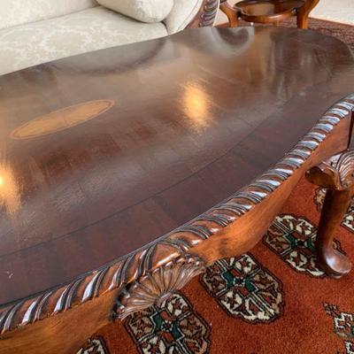 Mahogany Carved Edge Coffee Table with Center Medallion Inlay 