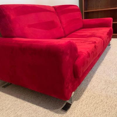 Modern Red Microfiber Sofa with Brushed Nickle Legs 