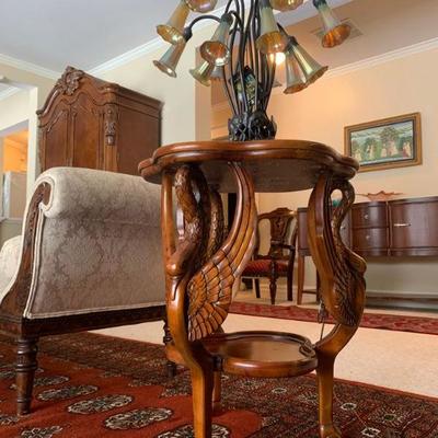 Three Leg Accent Table with Carved In Flight Swan, Pair Available 