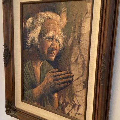 oil on tobacco leaf painting.
