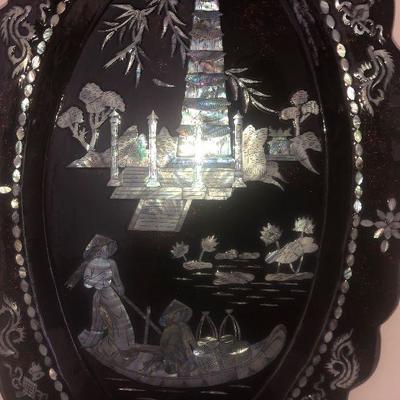 VINTAGE ASIAN ART BLACK LAQUER WITH MOTHER OF PEARL