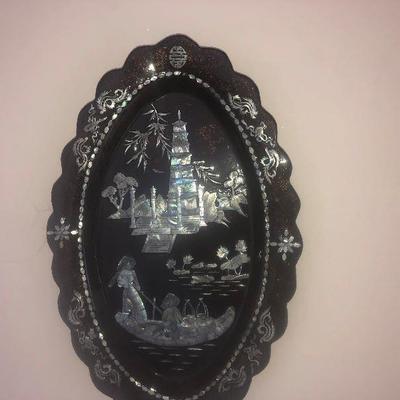VINTAGE ASIAN ART BLACK LAQUER WITH MOTHER OF PEARL
