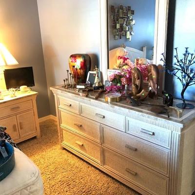 1 White Wicker Low Dresser w/Mirror - $240