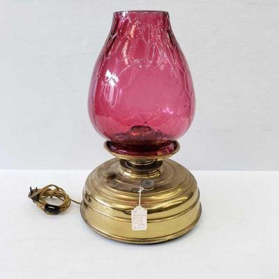 2130:Brass-Base Electrified Oil Lamp w/ Glass Chimney
Brass-Base Electrified Oil Lamp w/ Glass Chimney. Brass base has approx. 11