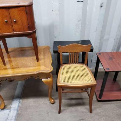 4504: Wooden End Tables, Chair, Stool, and Small Cabinet
Smallest piece measures approximately 22