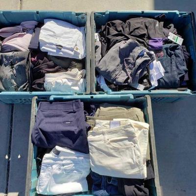 4415: 3 Totes of Women's Pants
*Blue totes not included in sale* New w/ Tags, Brands include Chico's, Seven, White House Black...